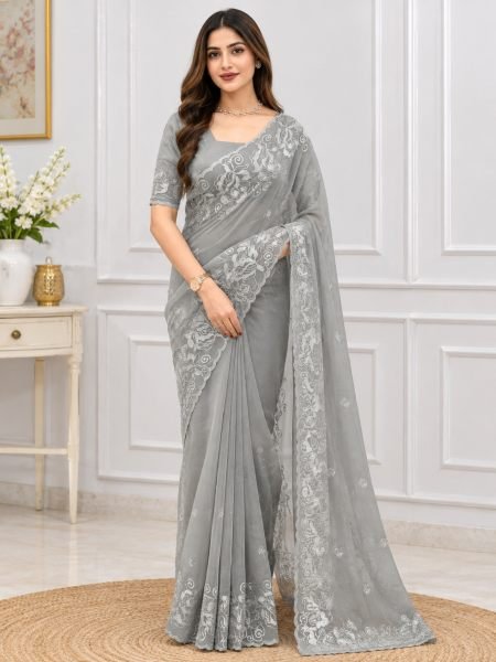 Inspiring Grey Melbourne Silk Saree with Matching Embroidered Blouse at Wholesale Rate Sarees 