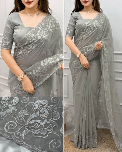 Inspiring Grey Melbourne Silk Saree with Matching Embroidered Blouse at Wholesale Rate Silk Sarees Wholesale
