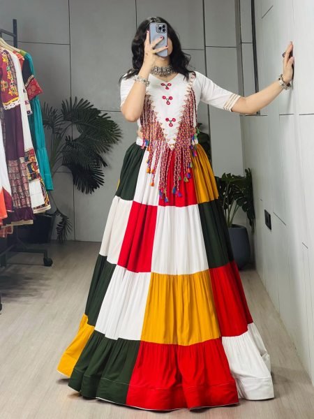 Inspiring Mulri Color Fully Stitched Rayon Cotton Lehenga Choli with Mirror Work Navratri Lehnega Choli
