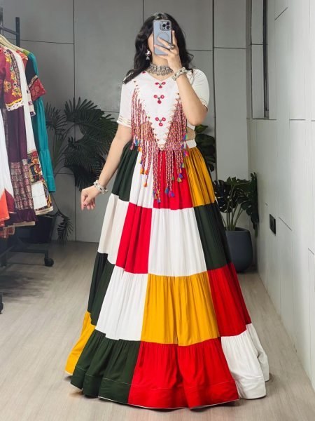 Inspiring Mulri Color Fully Stitched Rayon Cotton Lehenga Choli with Mirror Work Navratri Lehnega Choli