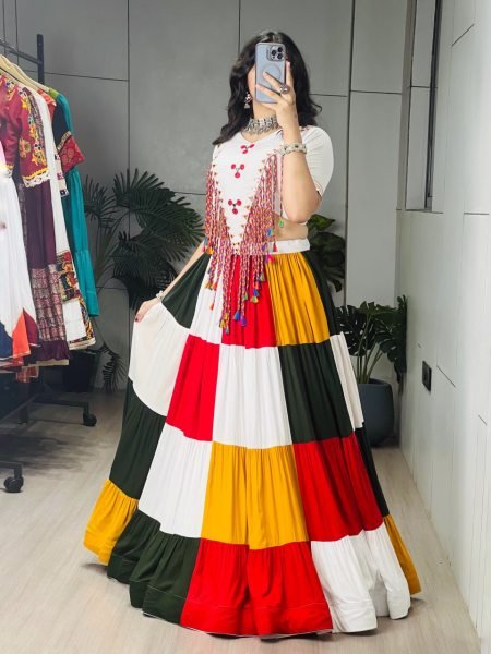 Inspiring Mulri Color Fully Stitched Rayon Cotton Lehenga Choli with Mirror Work Navratri Lehnega Choli