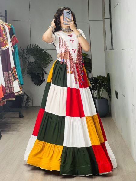 Inspiring Mulri Color Fully Stitched Rayon Cotton Lehenga Choli with Mirror Work Navratri Lehnega Choli