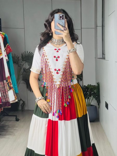 Inspiring Mulri Color Fully Stitched Rayon Cotton Lehenga Choli with Mirror Work Navratri Lehnega Choli