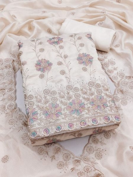 Inspiring Off White Unstitched Salwar Suit Fabric with Vichitra Silk Dupatta Dress Material 