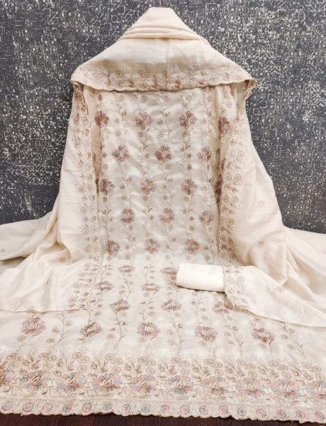 Inspiring Off White Unstitched Salwar Suit Fabric with Vichitra Silk Dupatta Color Set Matching Dress Material Wholesale