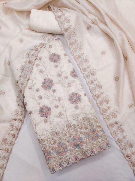 Inspiring Off White Unstitched Salwar Suit Fabric with Vichitra Silk Dupatta Color Set Matching Dress Material Wholesale