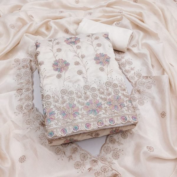 Inspiring Off White Unstitched Salwar Suit Fabric with Vichitra Silk Dupatta Color Set Matching Dress Material Wholesale