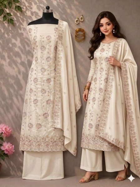 Inspiring Off White Unstitched Salwar Suit Fabric with Vichitra Silk Dupatta Color Set Matching Dress Material Wholesale