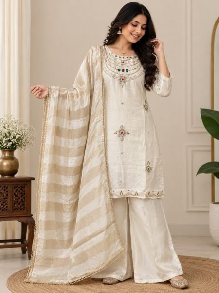 Inspiring OffWhite Glass Silk Palazzo Suit with Pure Viscose Zari Patta Dupatta For Wedding Kurtis