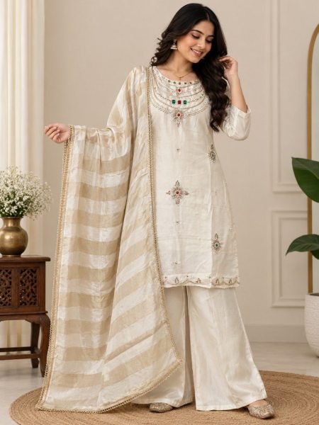 Inspiring OffWhite Glass Silk Palazzo Suit with Pure Viscose Zari Patta Dupatta For Wedding 3 Piece Kurti Set