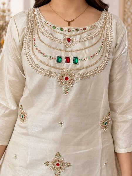 Inspiring OffWhite Glass Silk Palazzo Suit with Pure Viscose Zari Patta Dupatta For Wedding 3 Piece Kurti Set