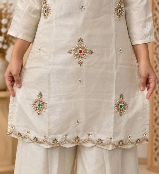 Inspiring OffWhite Glass Silk Palazzo Suit with Pure Viscose Zari Patta Dupatta For Wedding 3 Piece Kurti Set