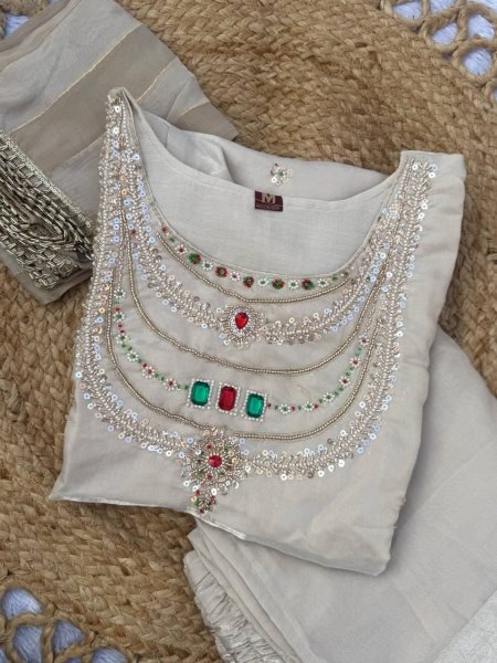 Inspiring OffWhite Glass Silk Palazzo Suit with Pure Viscose Zari Patta Dupatta For Wedding 3 Piece Kurti Set