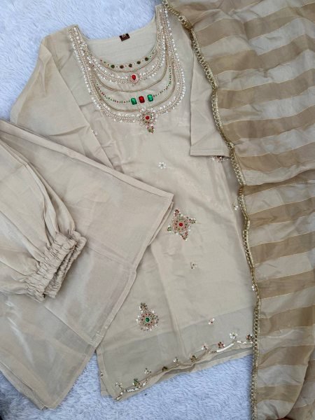 Inspiring OffWhite Glass Silk Palazzo Suit with Pure Viscose Zari Patta Dupatta For Wedding 3 Piece Kurti Set