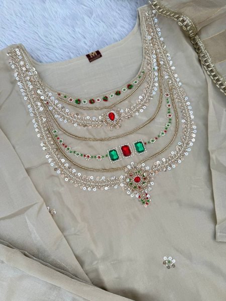 Inspiring OffWhite Glass Silk Palazzo Suit with Pure Viscose Zari Patta Dupatta For Wedding 3 Piece Kurti Set