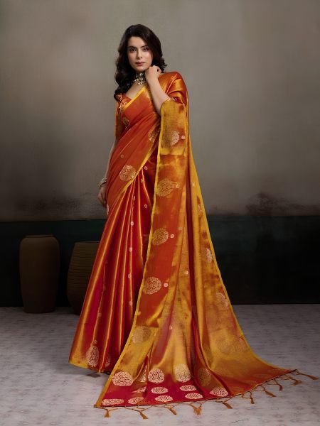 Inspiring Orange Designer Zari Tissue Silk Saree for Party and Festive Wear Sarees 