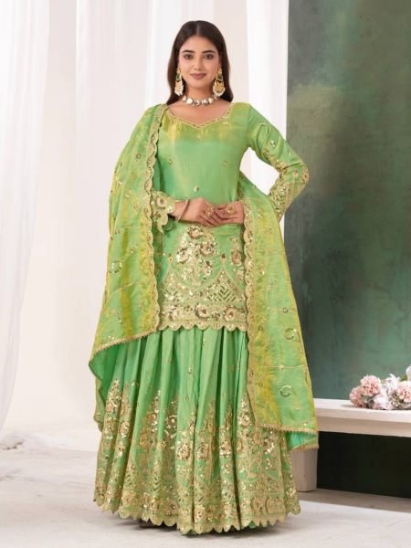 Inspiring Parrot Green Jelly Shimmer Silk Lehenga Set with Fully Stitched Top 