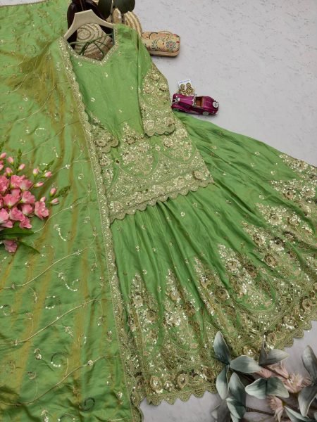 Inspiring Parrot Green Jelly Shimmer Silk Lehenga Set with Fully Stitched Top Ready To Wear Collection