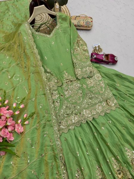 Inspiring Parrot Green Jelly Shimmer Silk Lehenga Set with Fully Stitched Top Ready To Wear Collection