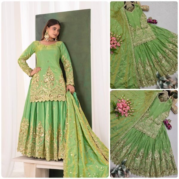 Inspiring Parrot Green Jelly Shimmer Silk Lehenga Set with Fully Stitched Top Ready To Wear Collection
