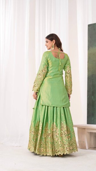 Inspiring Parrot Green Jelly Shimmer Silk Lehenga Set with Fully Stitched Top Ready To Wear Collection