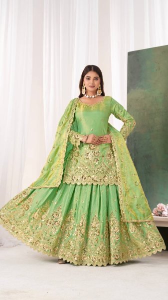 Inspiring Parrot Green Jelly Shimmer Silk Lehenga Set with Fully Stitched Top Ready To Wear Collection