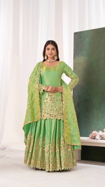 Inspiring Parrot Green Jelly Shimmer Silk Lehenga Set with Fully Stitched Top Ready To Wear Collection