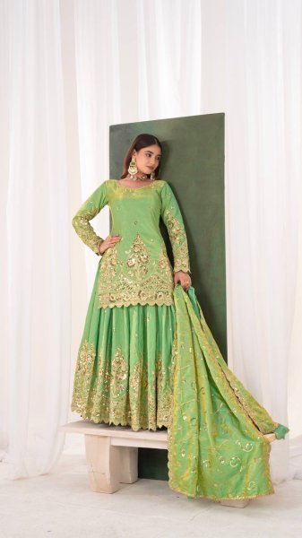 Inspiring Parrot Green Jelly Shimmer Silk Lehenga Set with Fully Stitched Top Ready To Wear Collection