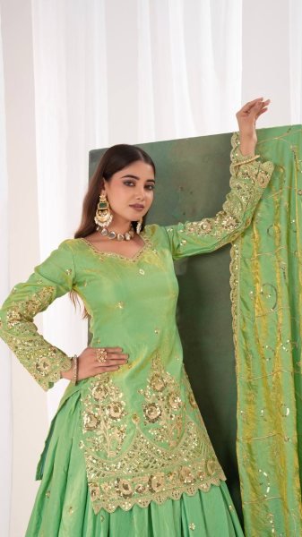 Inspiring Parrot Green Jelly Shimmer Silk Lehenga Set with Fully Stitched Top Ready To Wear Collection