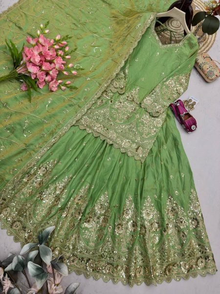 Inspiring Parrot Green Jelly Shimmer Silk Lehenga Set with Fully Stitched Top Ready To Wear Collection