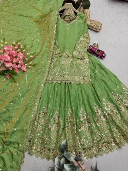Inspiring Parrot Green Jelly Shimmer Silk Lehenga Set with Fully Stitched Top Ready To Wear Collection