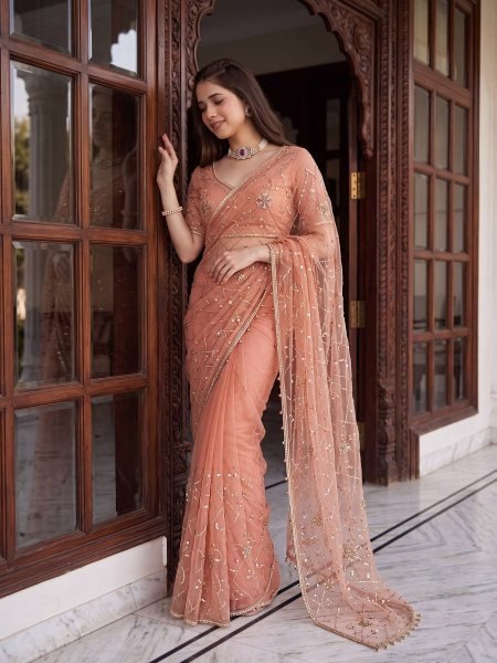Inspiring Peach Embroidery Net Saree With Designer Blouse For Party Wear 
