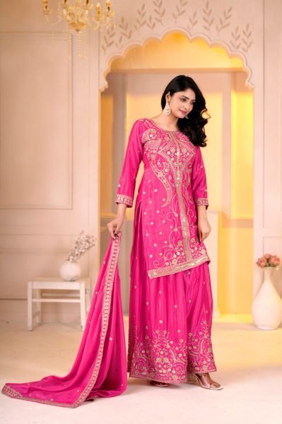 Inspiring Pink Designer Chinon Top Sharara Dupatta Set with Sequin Work at Wholesale Rate Ready To Wear Collection