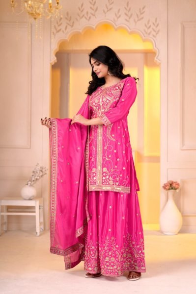 Inspiring Pink Designer Chinon Top Sharara Dupatta Set with Sequin Work at Wholesale Rate Ready To Wear Collection