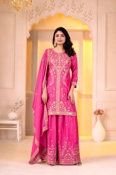 Inspiring Pink Designer Chinon Top Sharara Dupatta Set with Sequin Work at Wholesale Rate Ready To Wear Collection