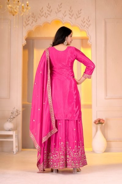 Inspiring Pink Designer Chinon Top Sharara Dupatta Set with Sequin Work at Wholesale Rate Ready To Wear Collection