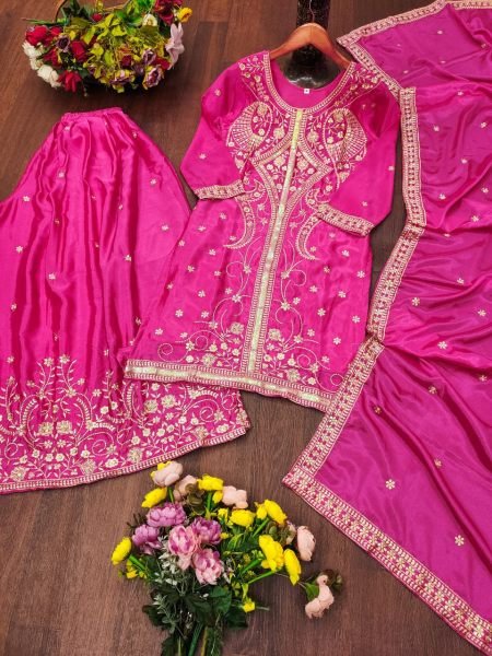 Inspiring Pink Designer Chinon Top Sharara Dupatta Set with Sequin Work at Wholesale Rate Ready To Wear Collection