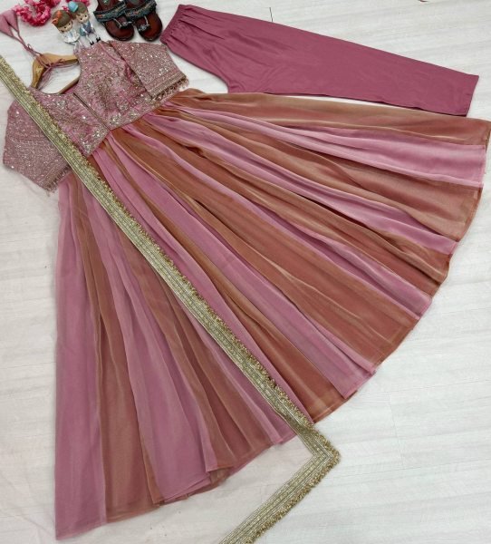 Inspiring Pink Pure NC Moss Silk Embroidered Gown with Butterfly Net Dupatta Ready To Wear Collection