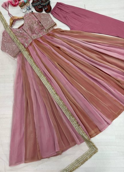 Inspiring Pink Pure NC Moss Silk Embroidered Gown with Butterfly Net Dupatta Ready To Wear Collection