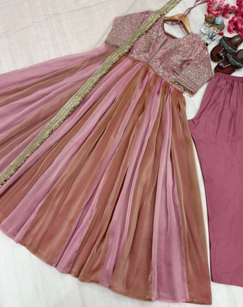 Inspiring Pink Pure NC Moss Silk Embroidered Gown with Butterfly Net Dupatta Ready To Wear Collection