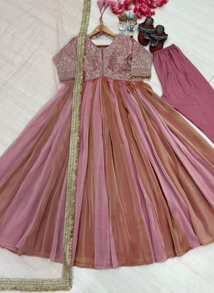 Inspiring Pink Pure NC Moss Silk Embroidered Gown with Butterfly Net Dupatta Ready To Wear Collection