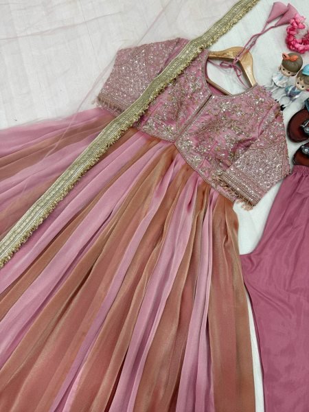 Inspiring Pink Pure NC Moss Silk Embroidered Gown with Butterfly Net Dupatta Ready To Wear Collection