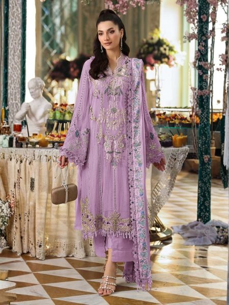 Inspiring Purple Chiffon Embroidered Top with French Silk Bottom and Dupatta at Wholesale Rate 
