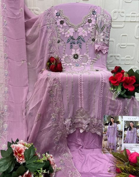 Inspiring Purple Chiffon Embroidered Top with French Silk Bottom and Dupatta at Wholesale Rate Pakistani Suits Wholesale