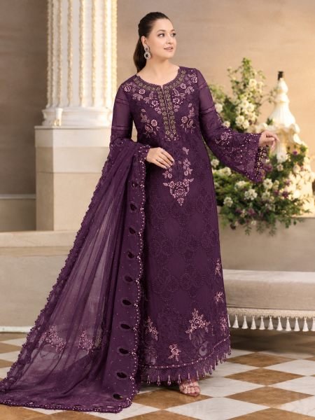 Inspiring Purple Chiffon Heavy Embroidered Top French Silk Bottom Dupatta Set 