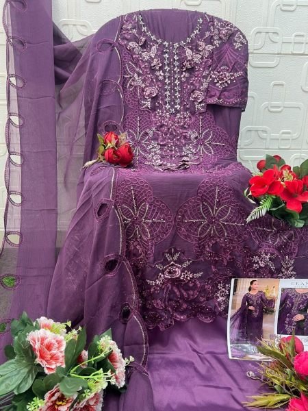 Inspiring Purple Chiffon Heavy Embroidered Top French Silk Bottom Dupatta Set Pakistani Suits Wholesale