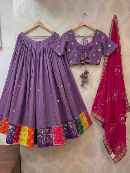Inspiring Purple Roman Silk Lehenga Choli with Embroidered Georgette Dupatta 