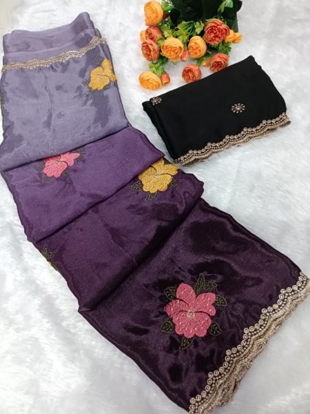 Inspiring Purple Trendy Chinon Saree Collection for Modern Traditional Fashion Embroidery Sarees Wholesale