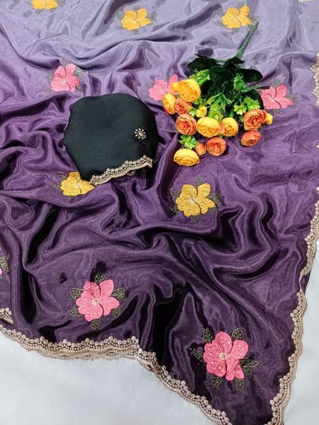 Inspiring Purple Trendy Chinon Saree Collection for Modern Traditional Fashion Embroidery Sarees Wholesale