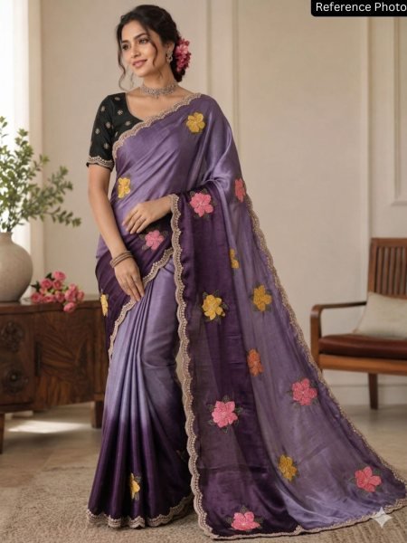 Inspiring Purple Trendy Chinon Saree Collection for Modern Traditional Fashion Embroidery Sarees Wholesale